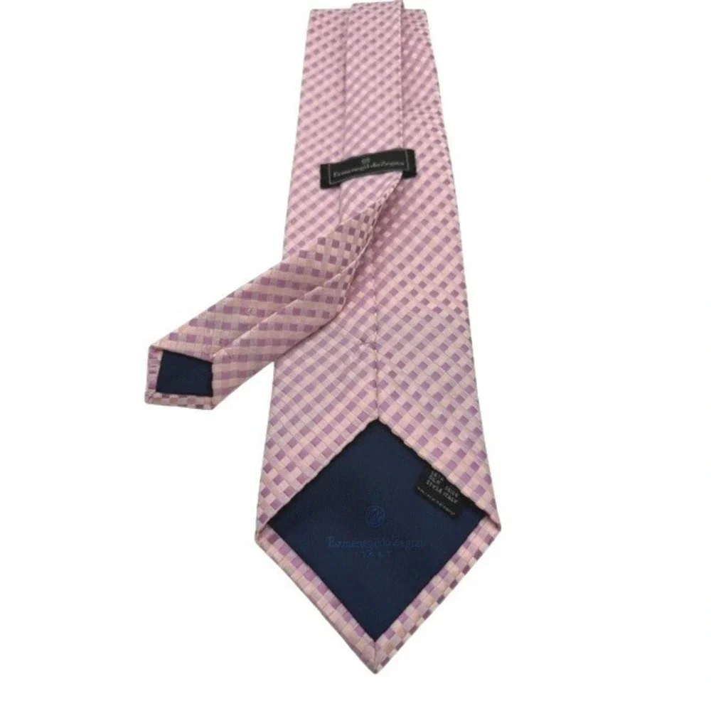 Ermenegildo Zegna Mens Silk Tie Pink Purple Lavender Woven Check Vintage Wide‎